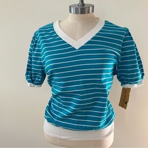 VTG 90s Women’s Striped V-neck Tennis Tshirt Preppy Sz. M Teal White Puff Sleeve